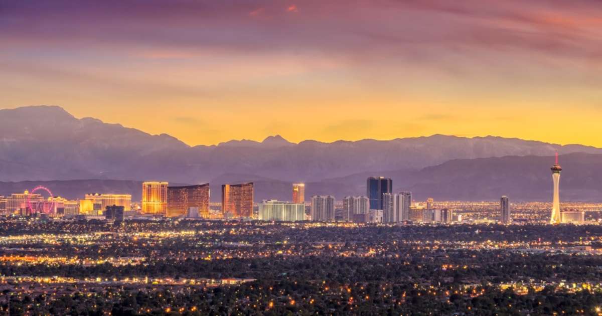 The Las Vegas Strip at dusk on a cloudy day