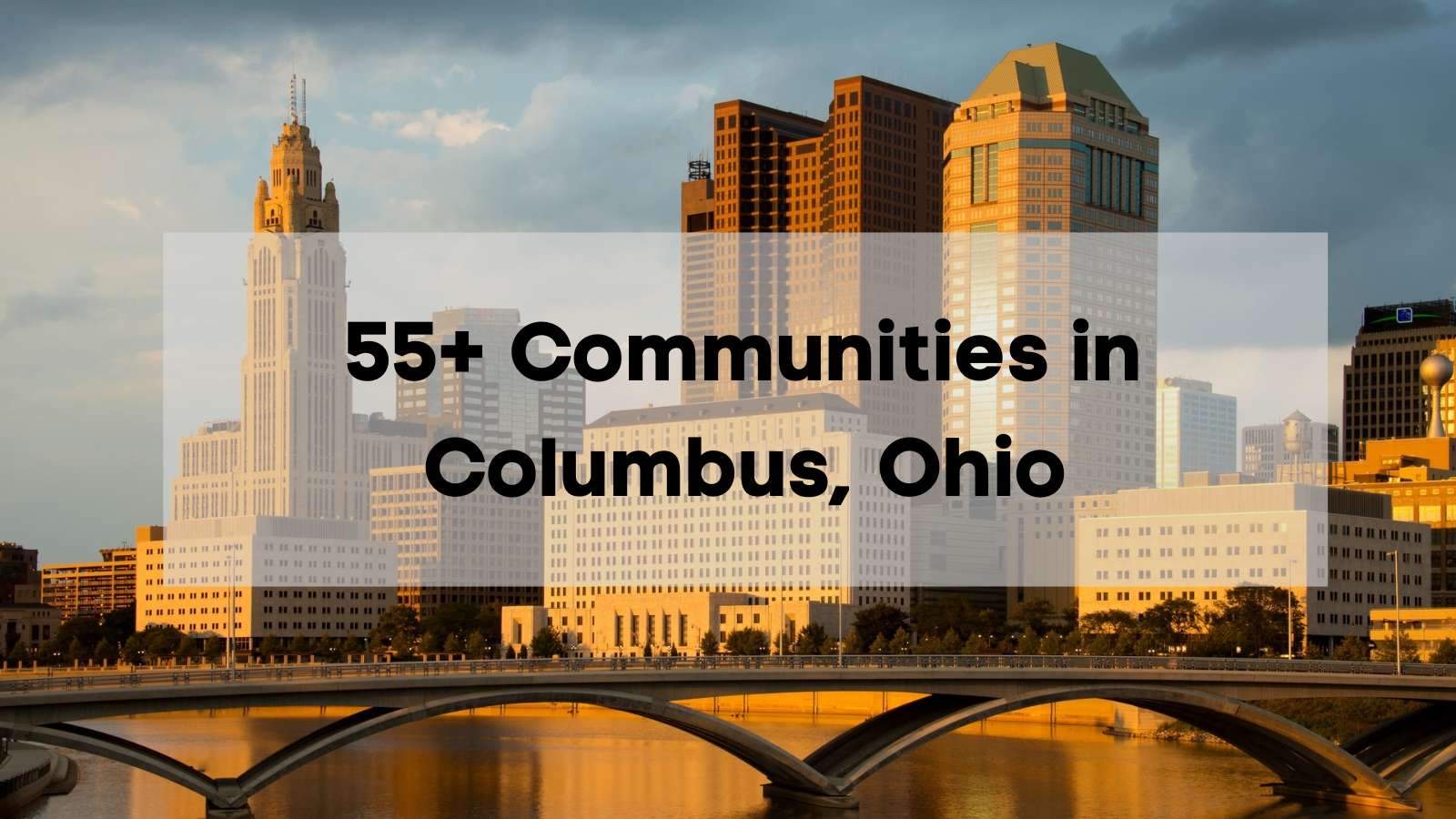 A warm sunset view of the downtown Columbus, Ohio skyline, featuring the historic LeVeque Tower, rising behind an arched bridge and the calm waters of the Scioto River. A translucent grey box overlays the center, reading "55+ Communities in Columbus, Ohio" in bold black text.
