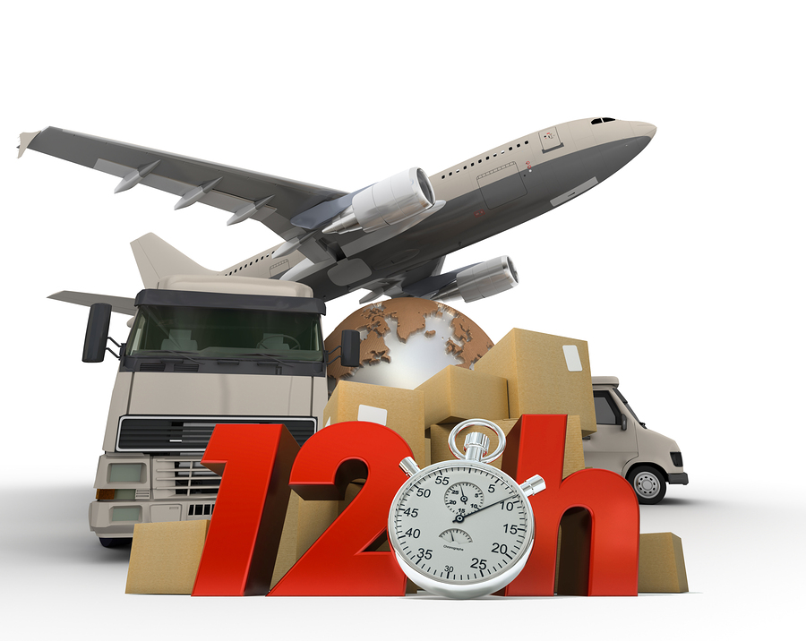 graphic representation of logistics services include clock, boxes, trucks and an airplane