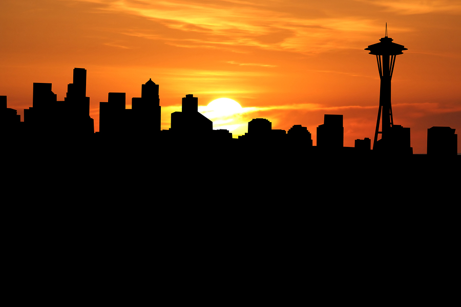 Seattle WA skyline with close up of sunset